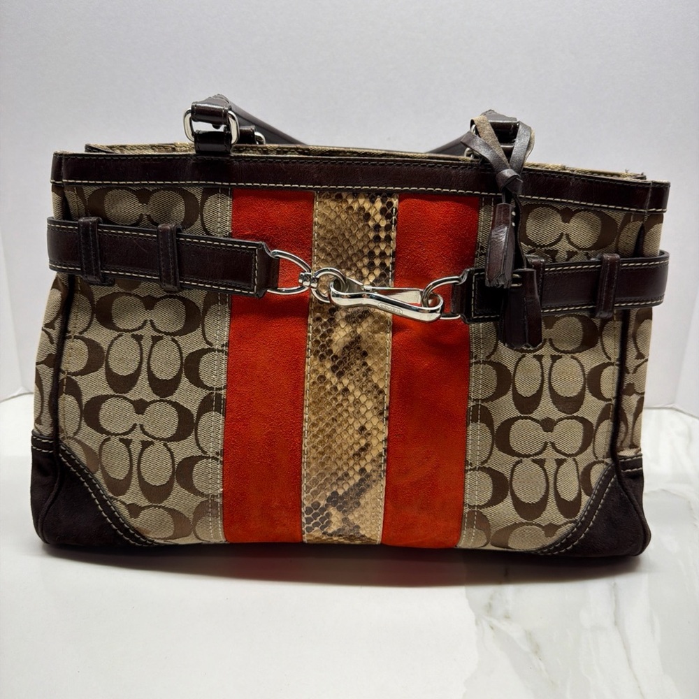 Coach Canvas Shoulder Bag with Orange Suede & Snakeskin Stripe